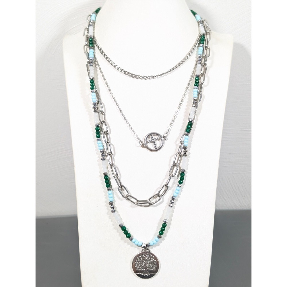 Bohemian Style Green Blue Beaded Silver Tone Layered Chain Statement Necklace